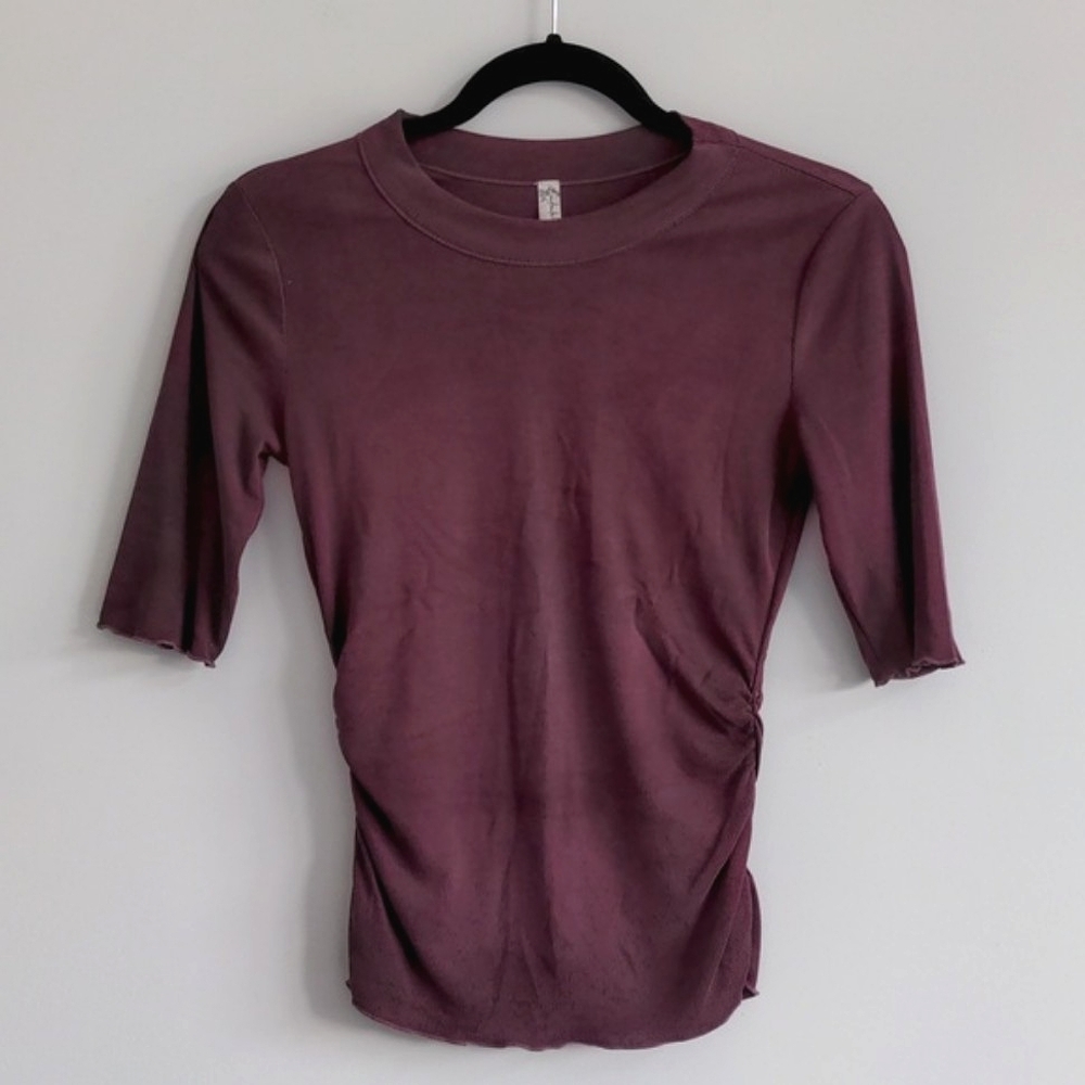 FREE PEOPLE | Ribbed Short Sleeve T-shirt Crew Neck Side Ruffles Womens S
